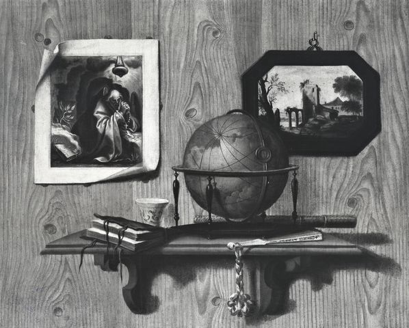 Studio Saita — Mara Antonio (Scarpetta) - sec. XVIII - Trompe-l'oeil con dipinti, globo e ventaglio — insieme